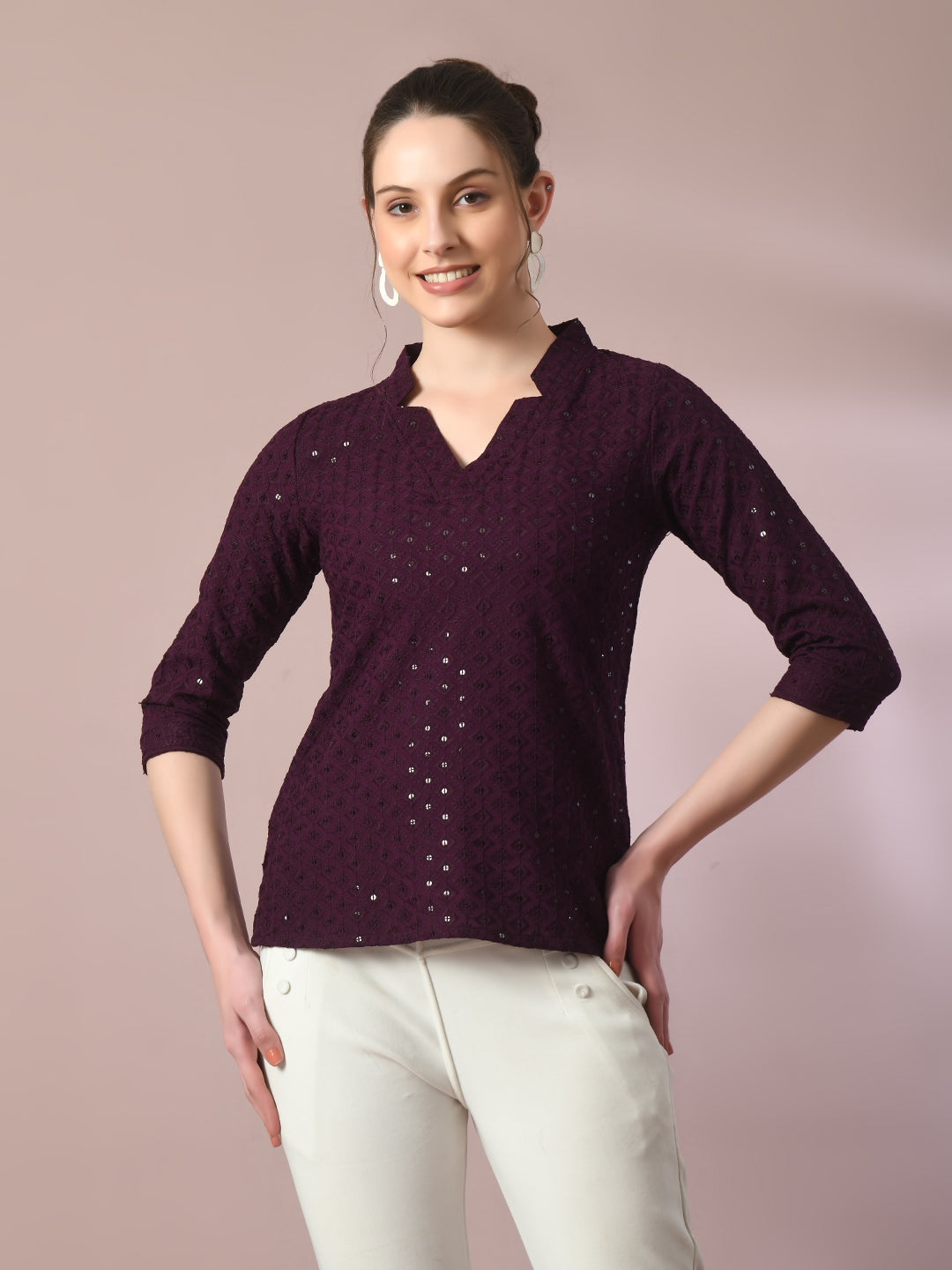 Women's  Violet Embellished Cotton Regular Party Tunic  - Myshka