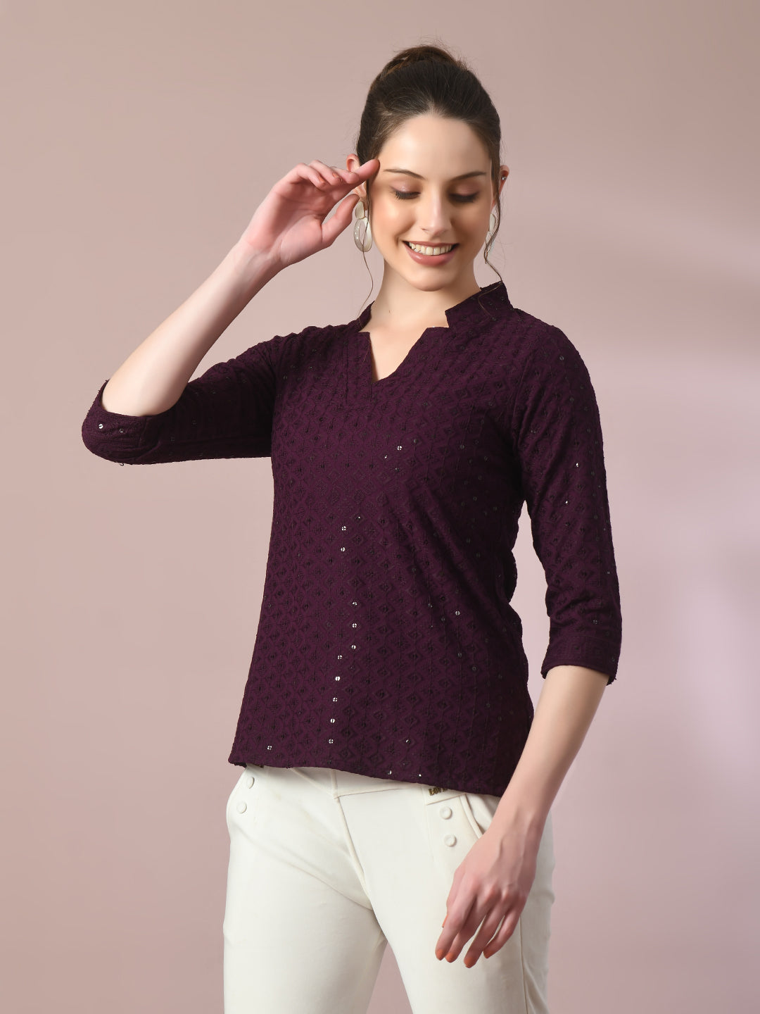 Women's  Violet Embellished Cotton Regular Party Tunic  - Myshka