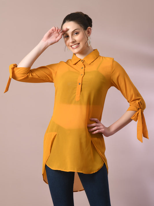 Women's  Yellow Solid Georgette Longline Party Sheer Tunic  - Myshka