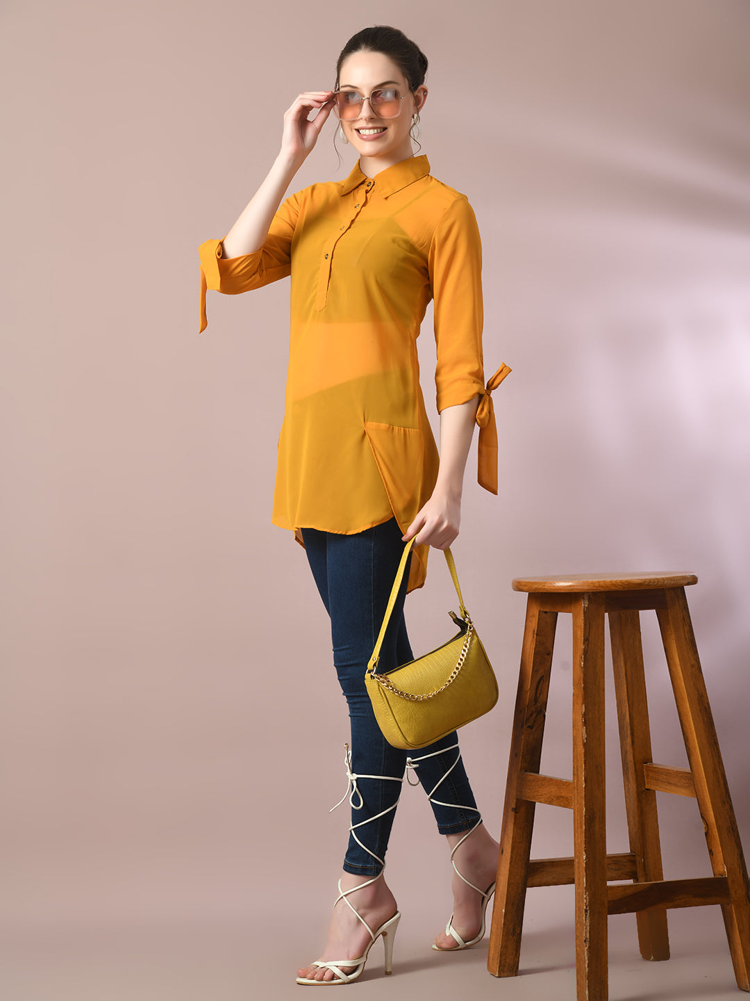 Women's  Yellow Solid Georgette Longline Party Sheer Tunic  - Myshka