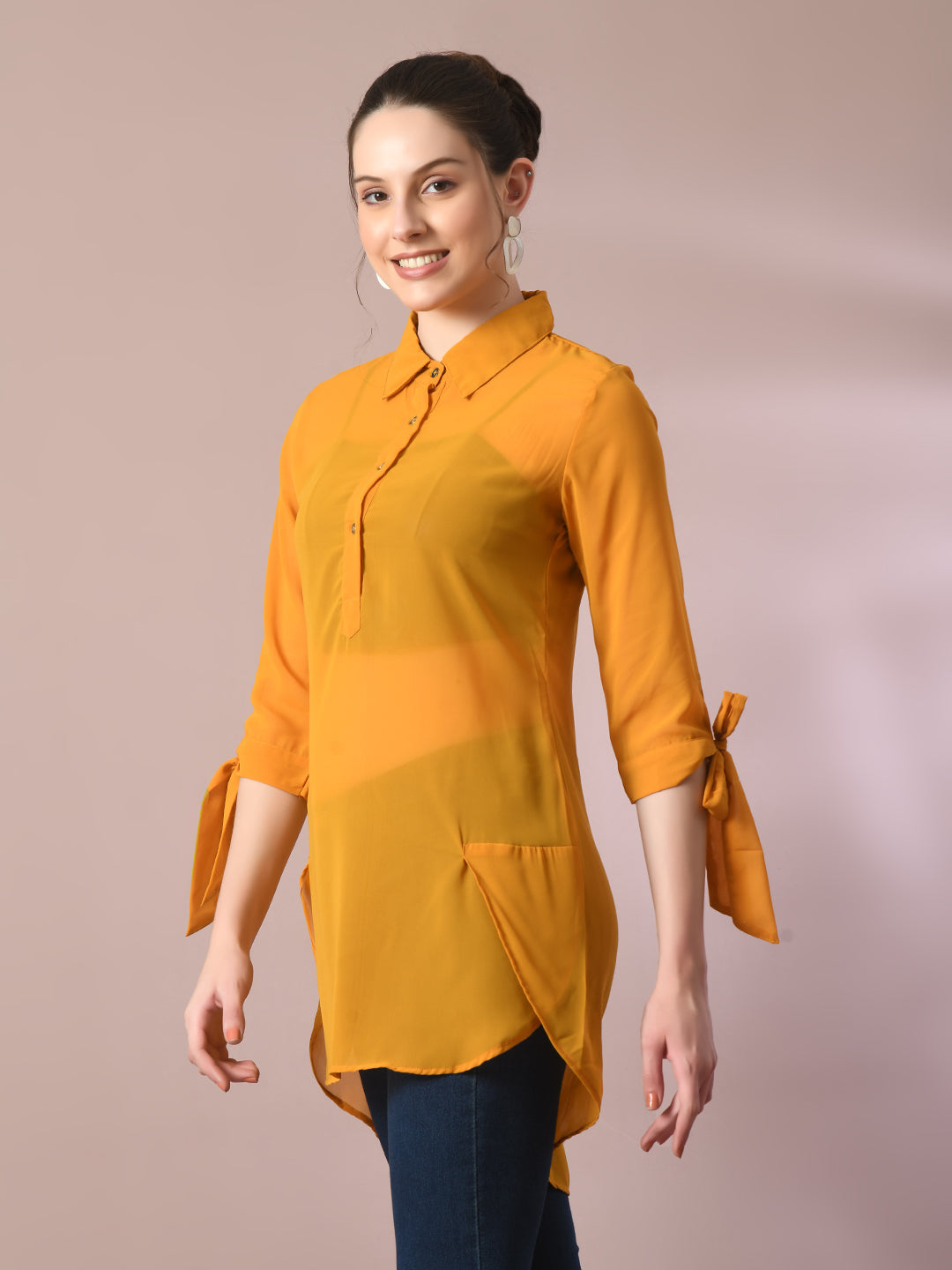 Women's  Yellow Solid Georgette Longline Party Sheer Tunic  - Myshka