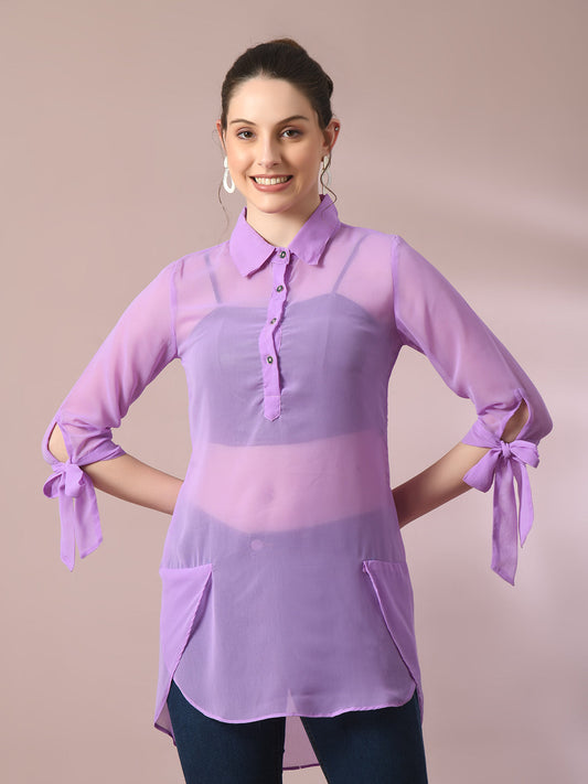 Women's  Lavender Solid Georgette Longline Party Sheer Tunic  - Myshka