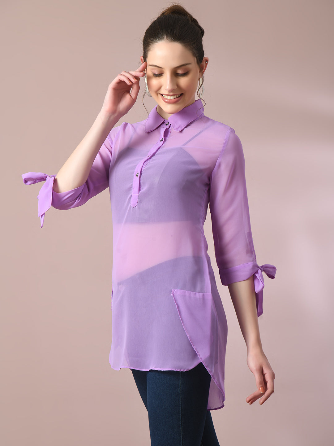 Women's  Lavender Solid Georgette Longline Party Sheer Tunic  - Myshka