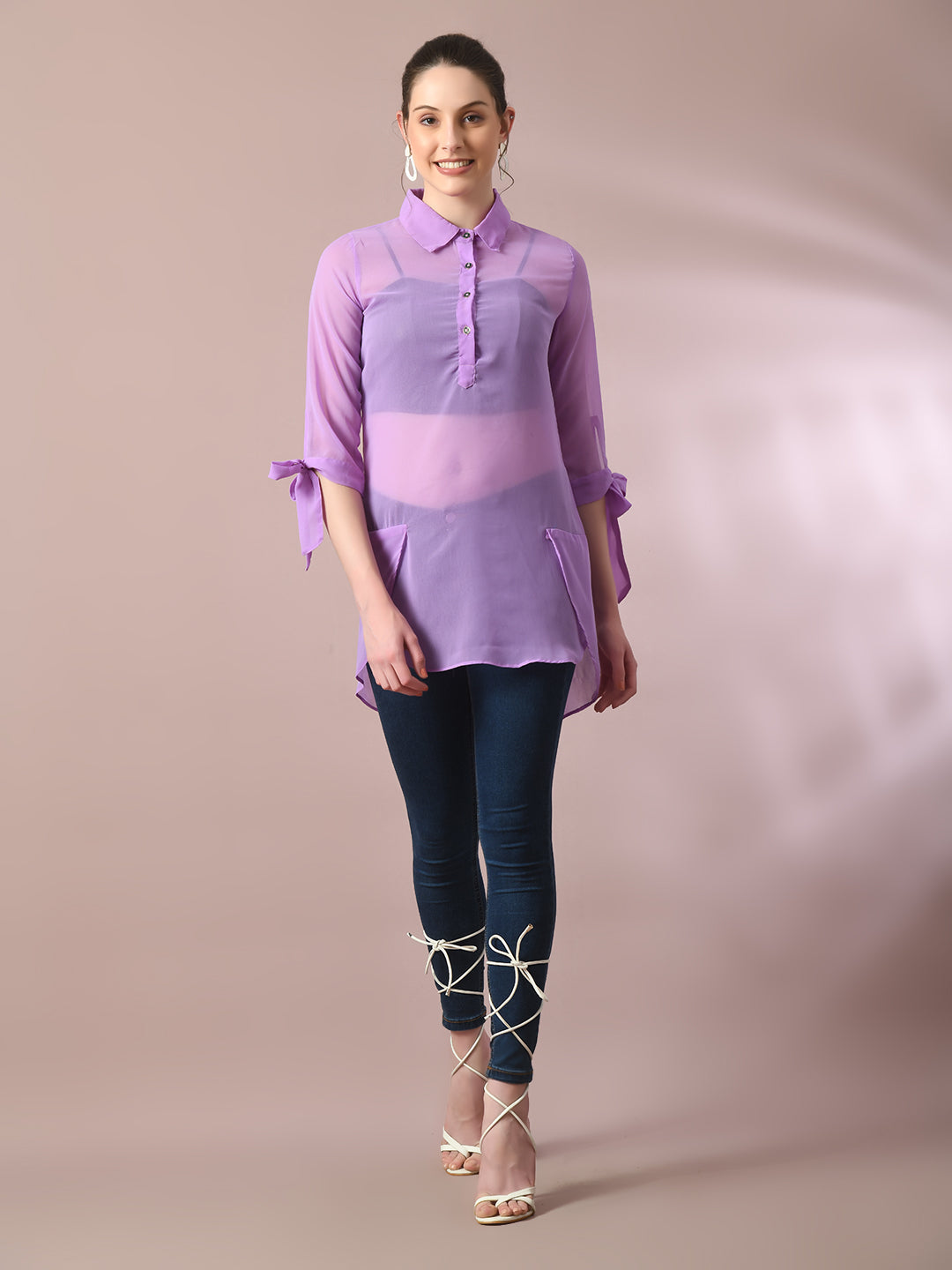 Women's  Lavender Solid Georgette Longline Party Sheer Tunic  - Myshka