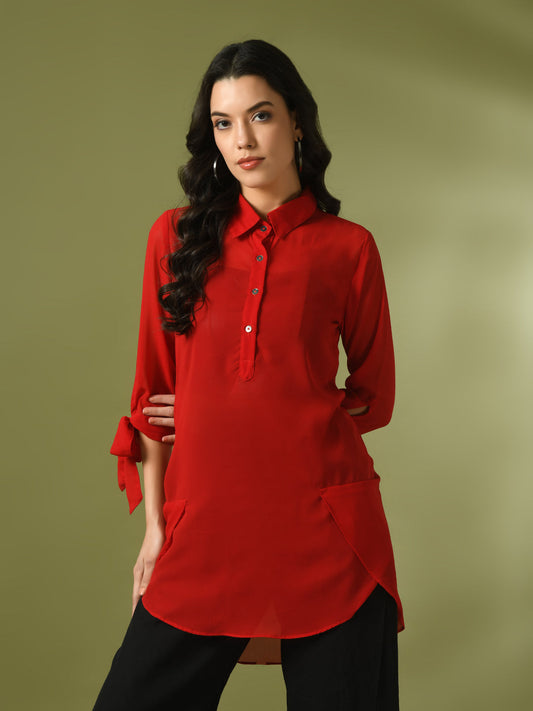 Women's  Red Solid Georgette Longline Party Sheer Tunic  - Myshka