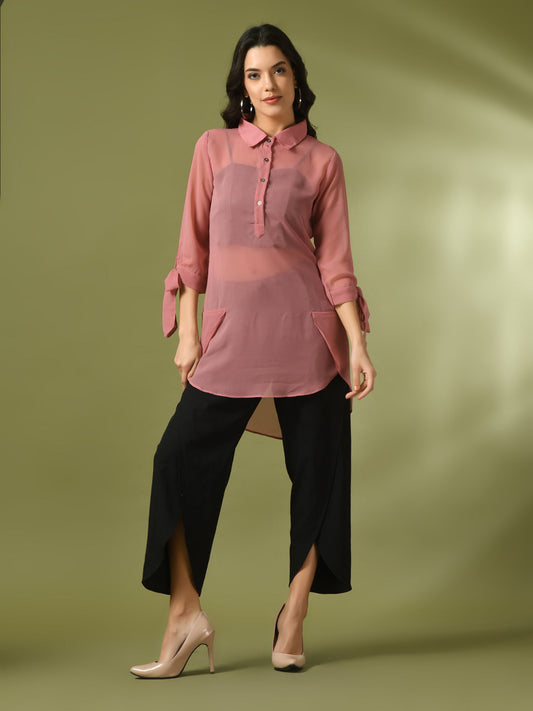 Women's  Pink Solid Georgette Longline Party Sheer Tunic  - Myshka