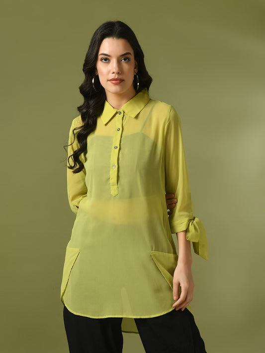 Women's  Yellow Solid Georgette Longline Party Sheer Tunic  - Myshka