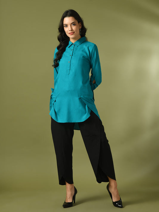 Women's  Turquoise Blue Solid Cotton Longline Party Sheer Tunic  - Myshka