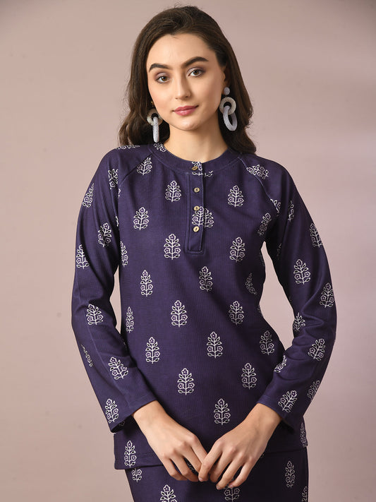 Women's  Navy Blue Embellished Raglan Sleeve Party Top  - Myshka