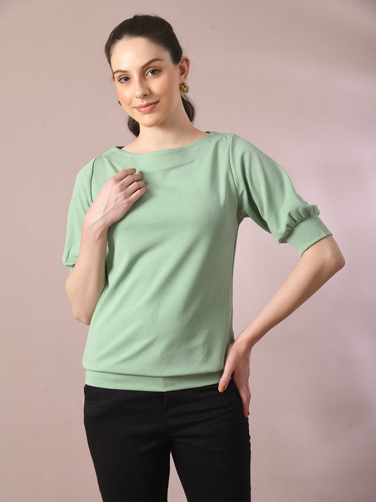 Women's  Sea Green Solid Boat Neck Party Top  - Myshka