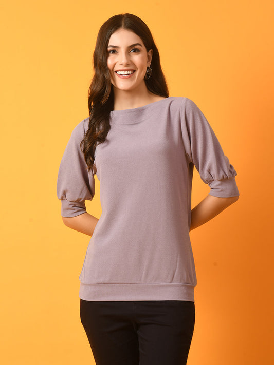 Women's  Lavender Solid Boat Neck Party Top  - Myshka