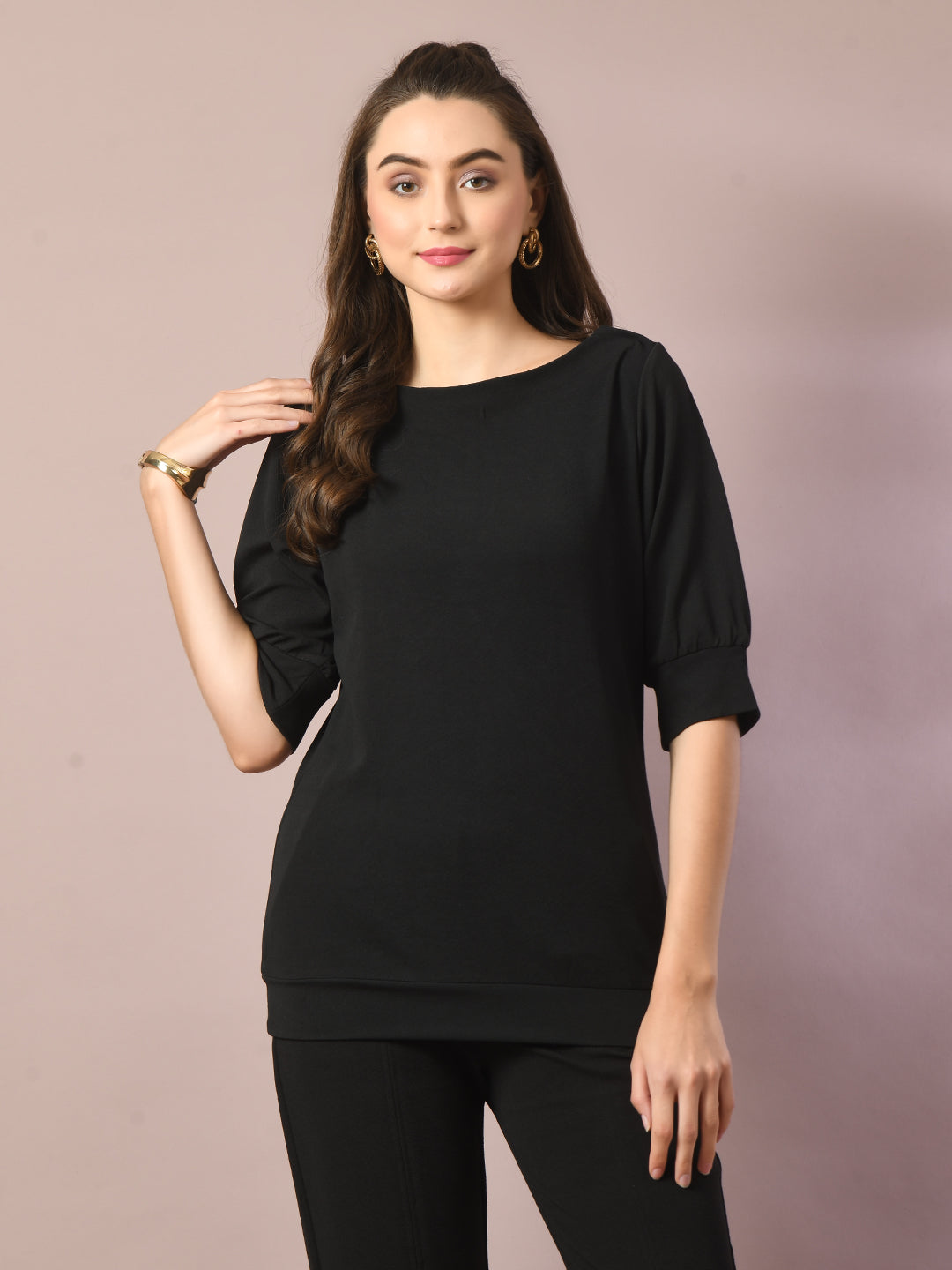 Women's  Black Solid Boat Neck Party Top  - Myshka