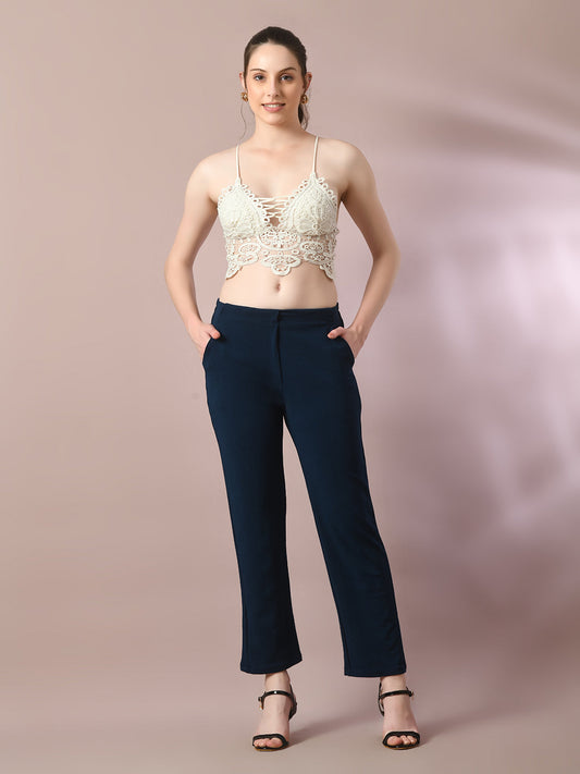 Women's Navy Blue Solid Party Straight Trousers - Myshka