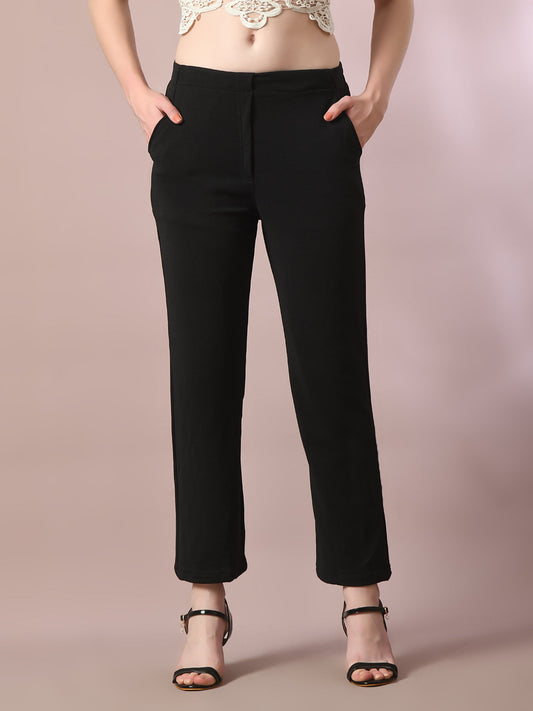 Women's Black Solid Party Straight Trousers - Myshka