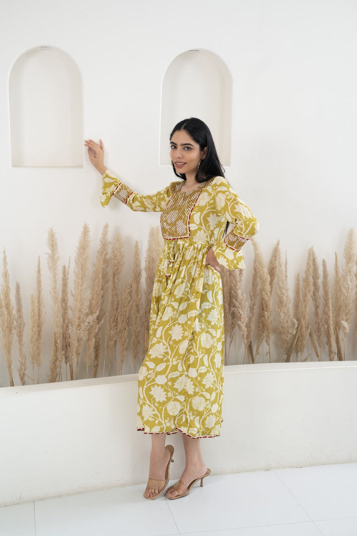 Women's Yellow Printed Traditional Dress by Myshka- 1 pc set