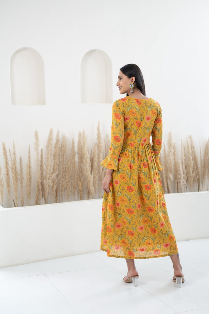 Women's Mustard Printed Traditional Dress by Myshka- 1 pc set