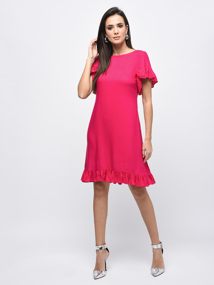 Myshka Women's Pink Rayon Solid Flared sleeve Round Neck Dress