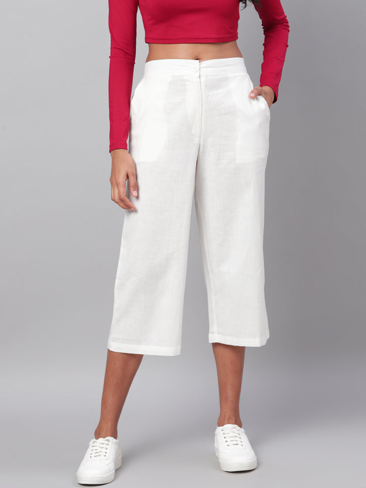 Myshka Women's White Solid Cotton Trouser