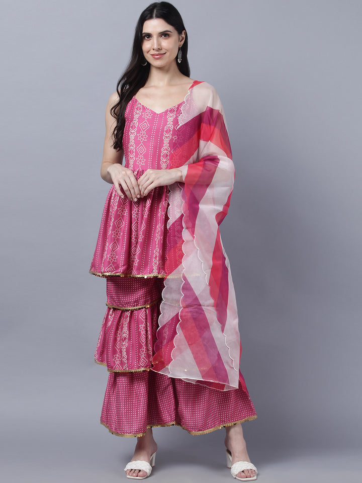 Myshka Stylish Pink  Sleeveless Women's Kurta Sharara with Dupatta Set
