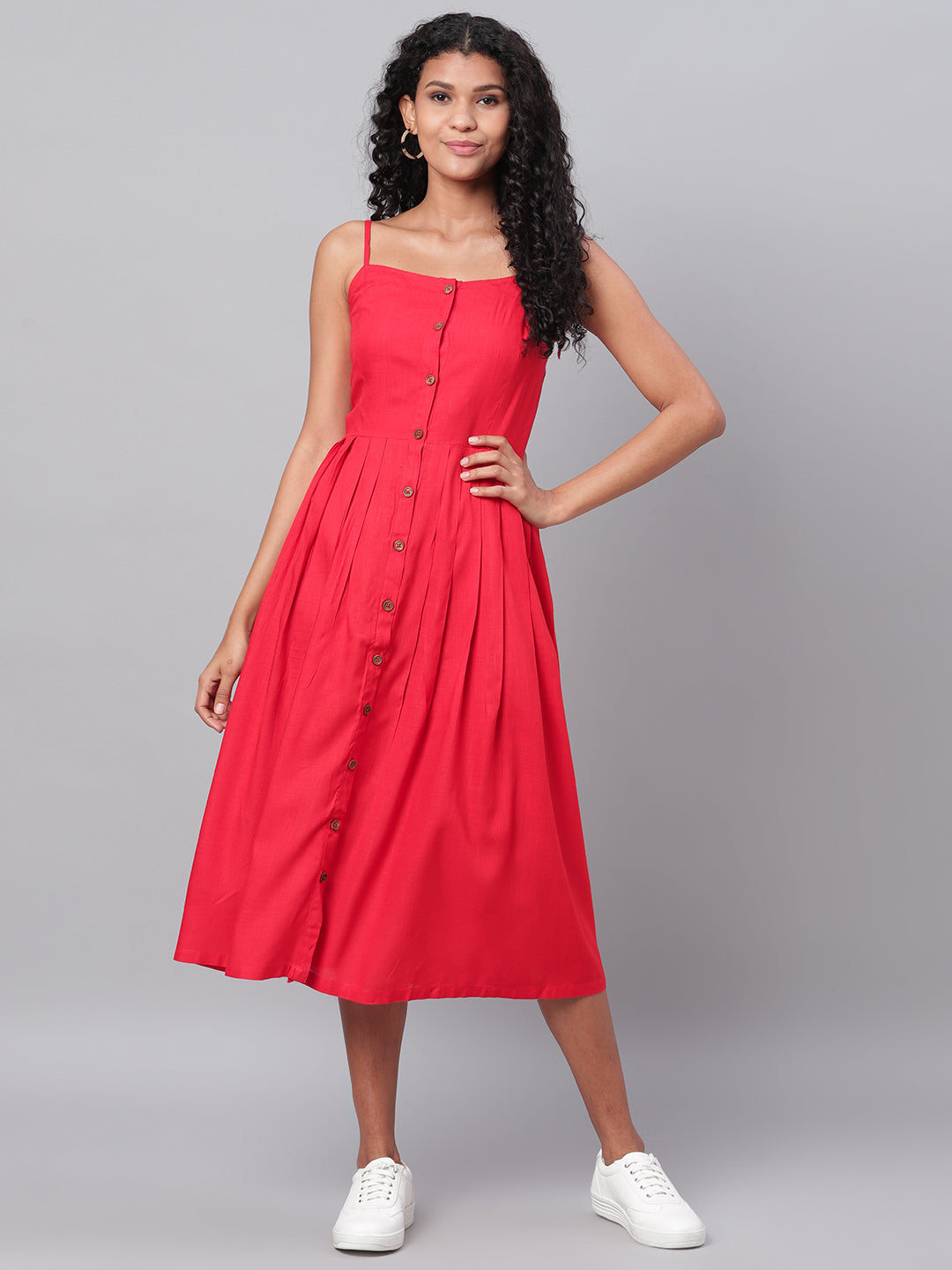 Myshka Women's Red Printed Sleeveless Cotton Slub Streps Neck Casual Dress