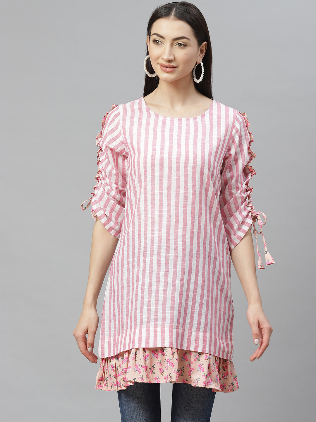 Myshka Women's Multicolor cotton Printed  3/4 Sleeve Round Neck Casual Top