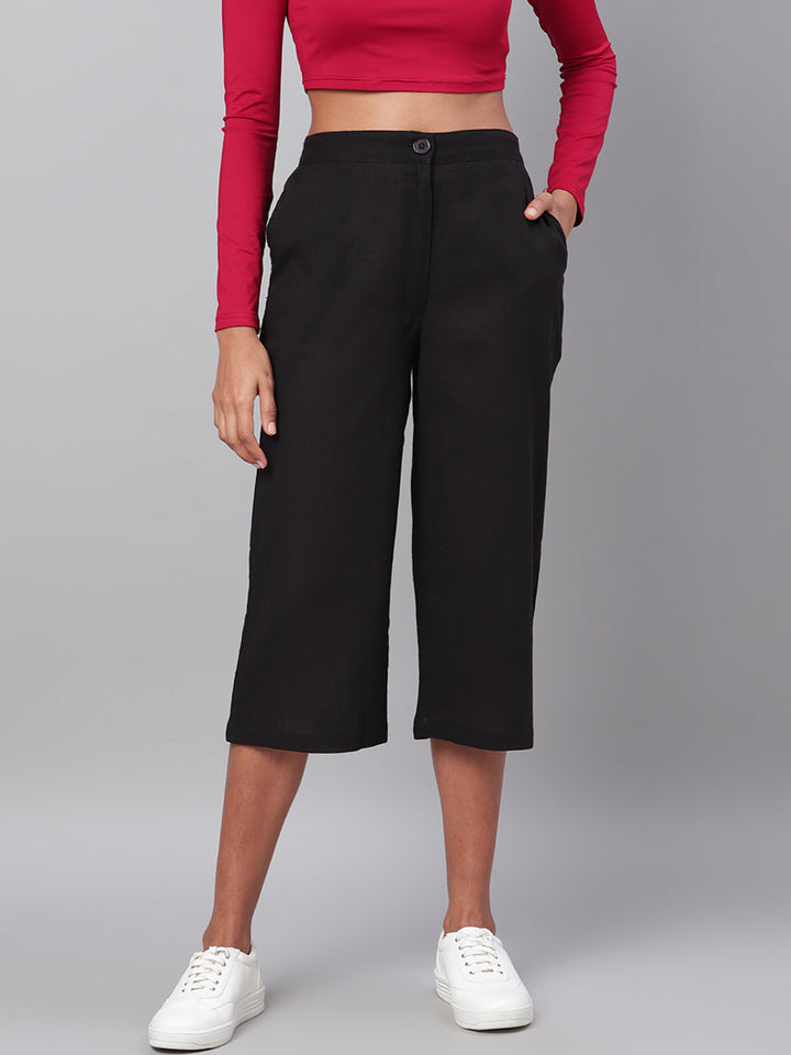 Myshka Women's Black Solid Cotton Trouser
