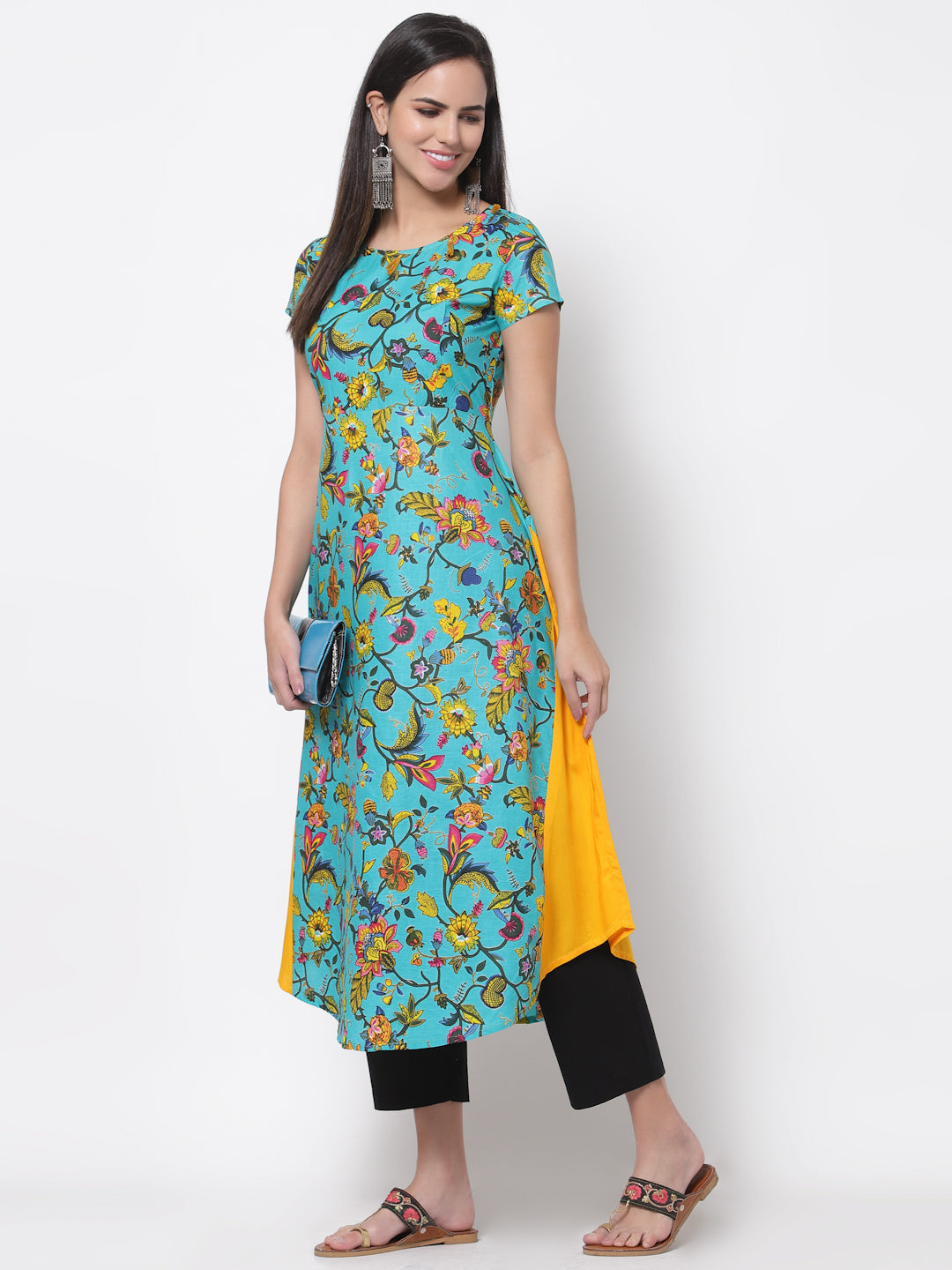Myshka Women's Cotton Printed Half Sleeve Round Neck Multicolor Dress