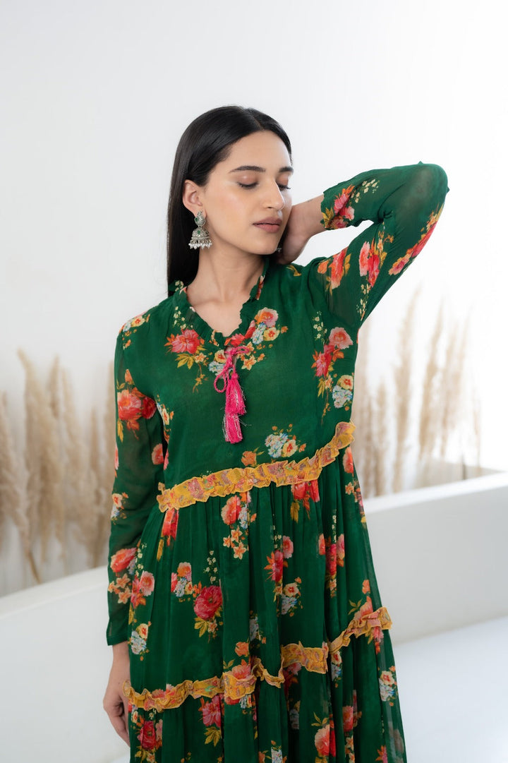 Women's Green Floral Printed Long Dress by Myshka- 1 pc set