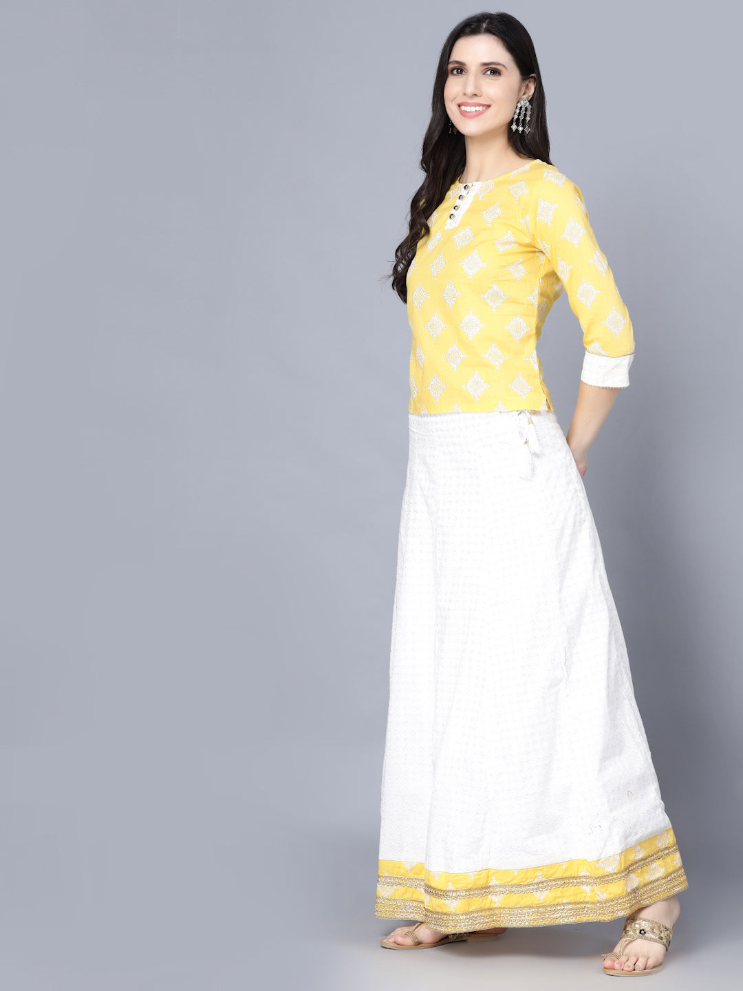 MyshkaWomen Yellow & White Printed Ready to Wear Lehenga & Choli Set