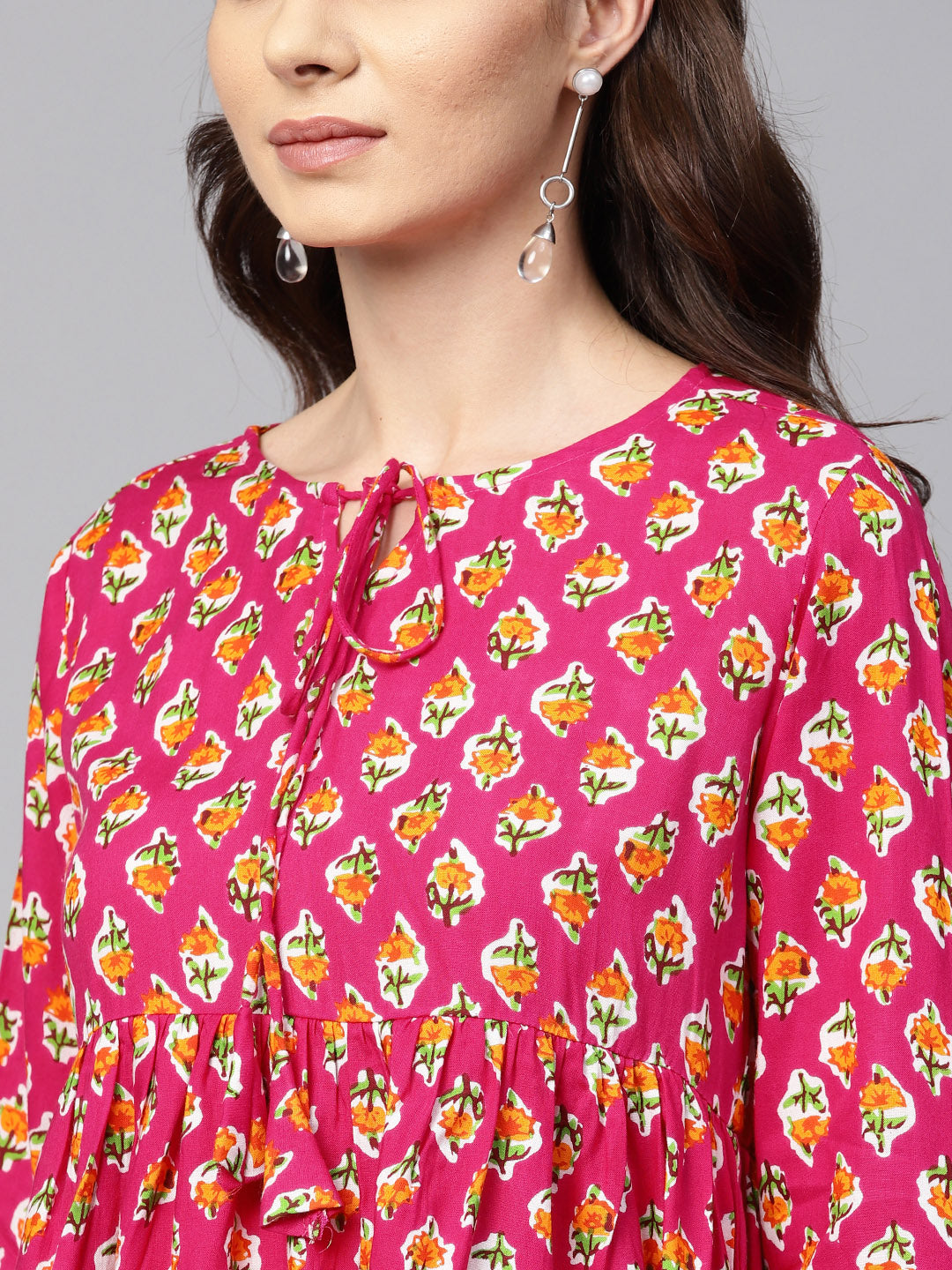 Myshka Women's Pink Viscose Rayon Printed 3/4 Sleeve Round Neck Top