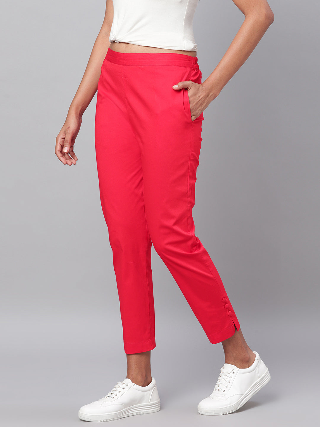 Myshka Women's Red Solid Na Rayon  Flex NA  Trouser