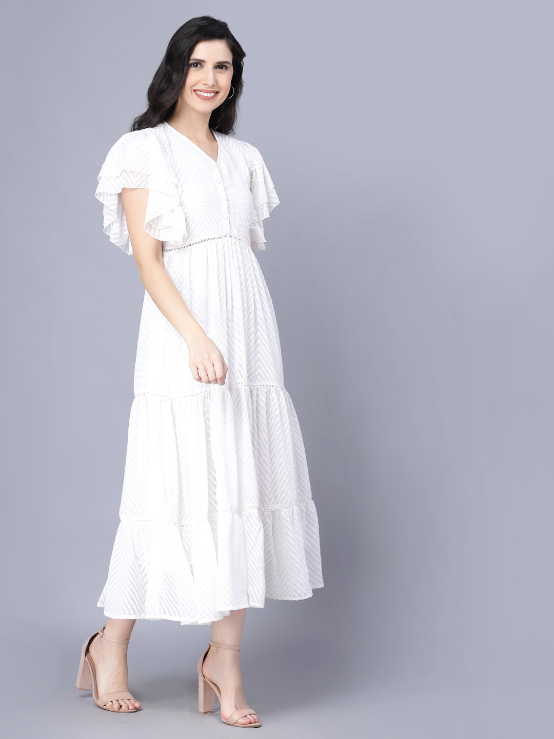 Myshka Georgette Solid Short Sleeve V Neck White Women Dress