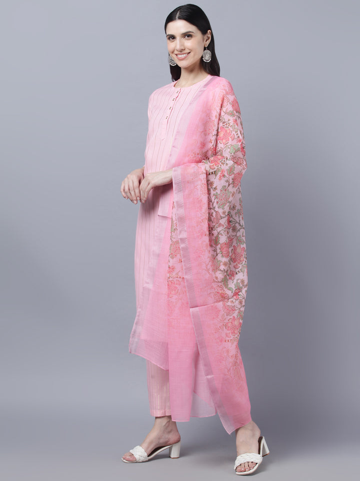 Myshka Women Pink Panelled Pure Cotton Kurta with Trousers With Dupatta Set
