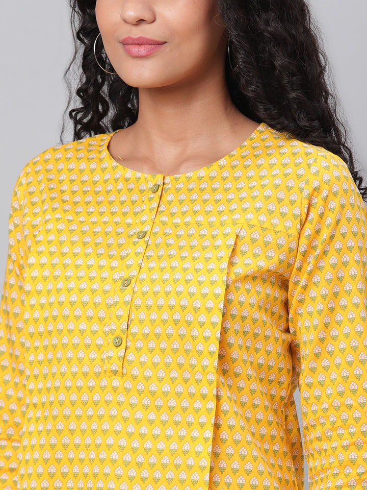 Myshka Women's Yellow Printed 3/4 Sleeve Cotton Round Neck Casual Top