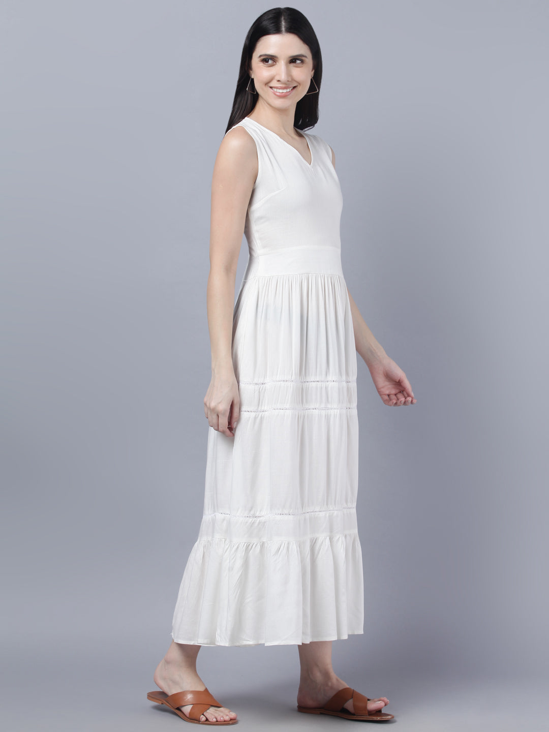 Myshka Women White Solid Maxi Dress