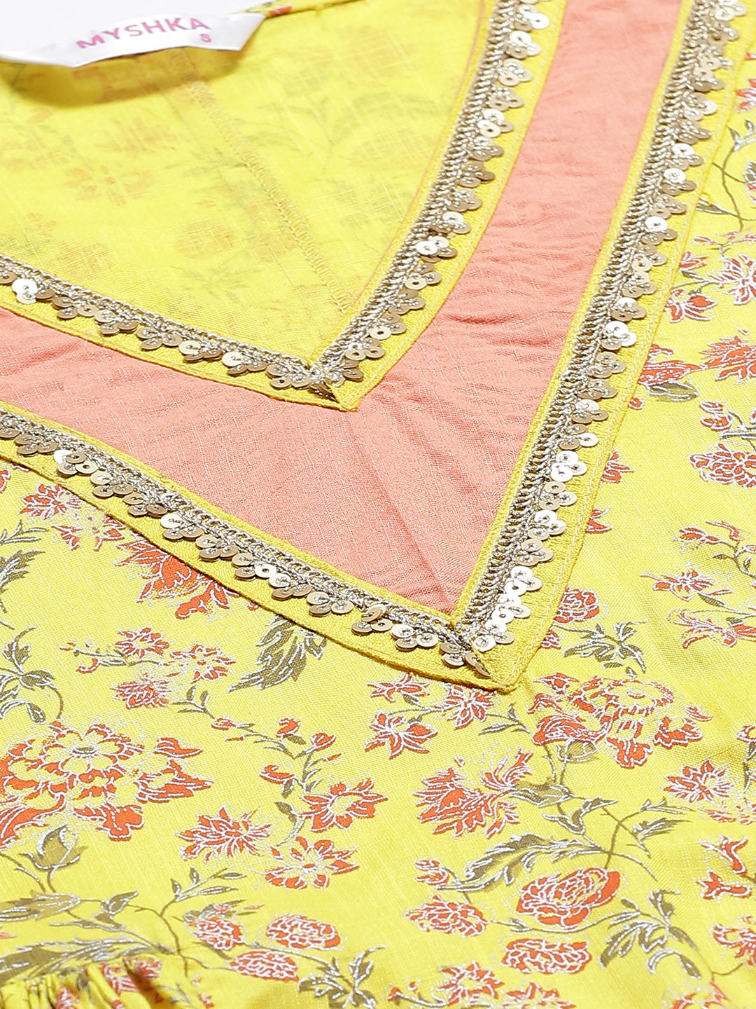 Myshka Women's Yellow Cotton Printed  3/4 Sleeve V Neck Casual Dress
