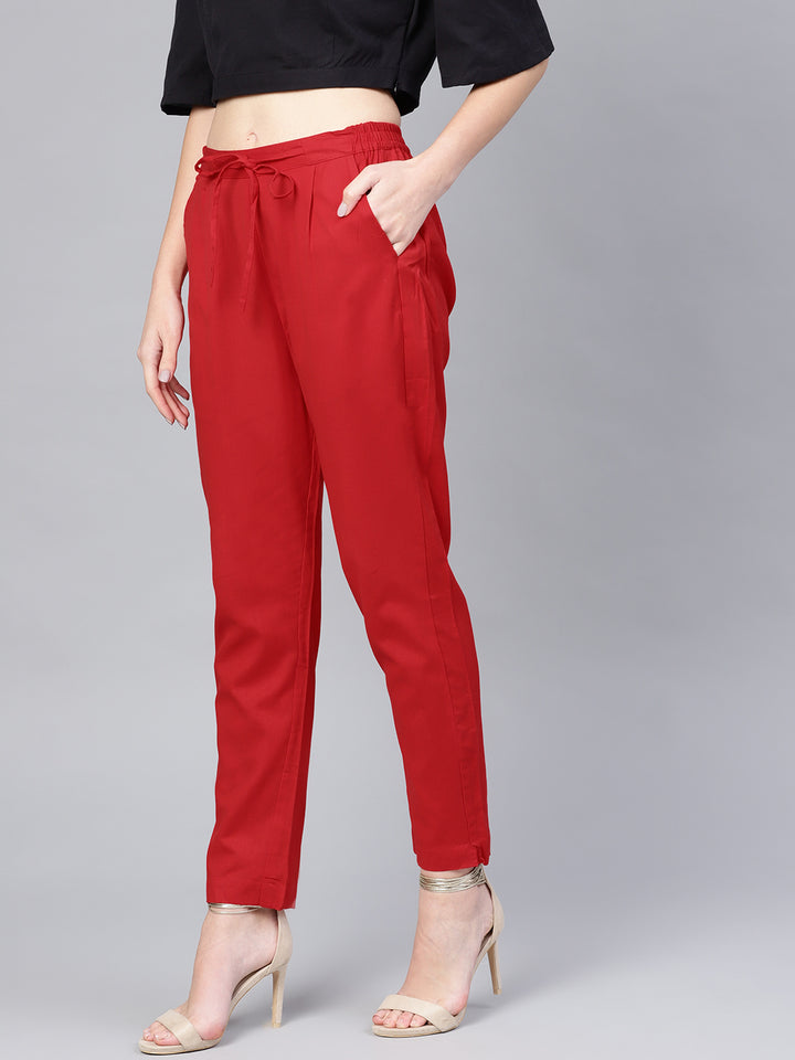 Myshka Women's Red Cotton Solid Trouser