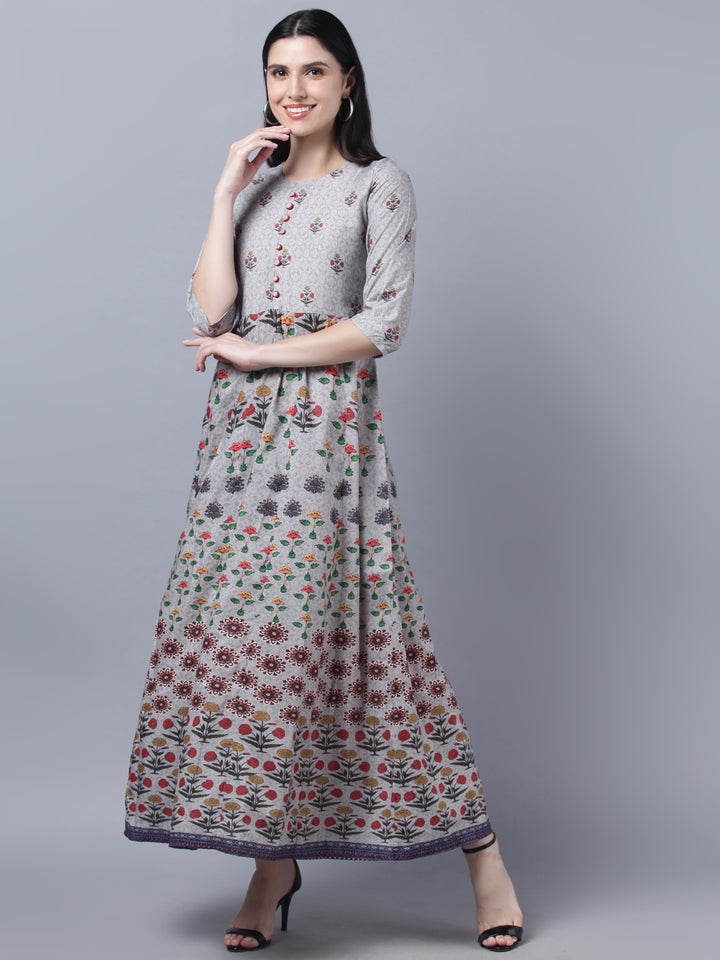 Myshka Women Grey Printed Ethnic Maxi Dress
