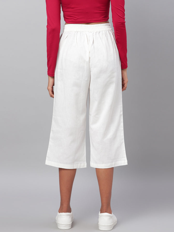 Myshka Women's White Solid Cotton Trouser
