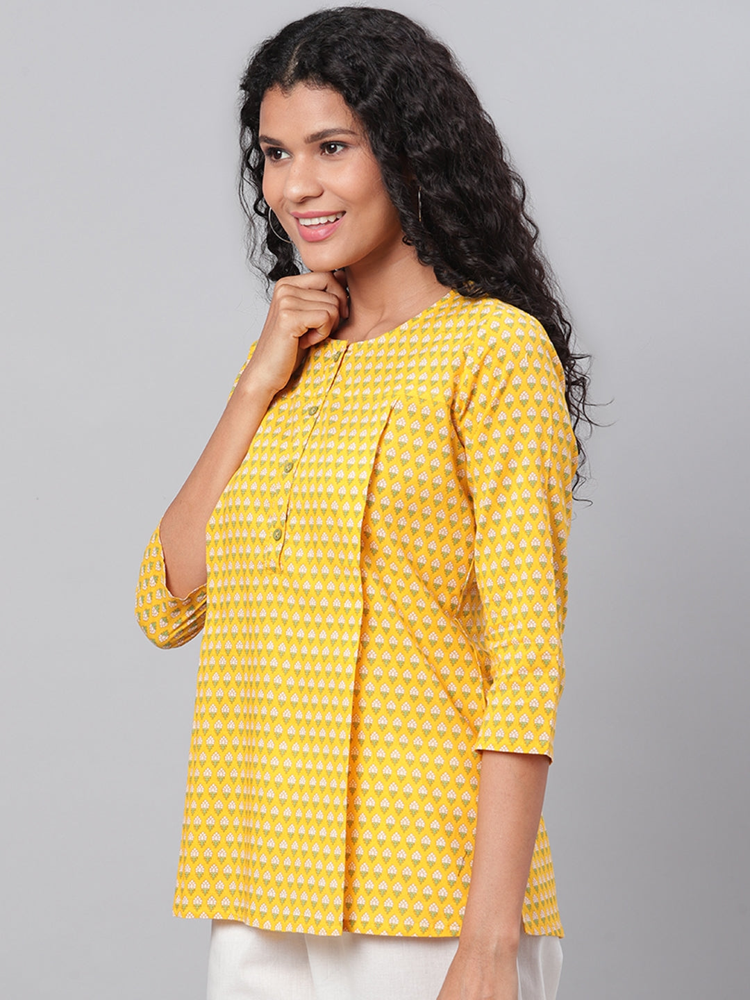 Myshka Women's Yellow Printed 3/4 Sleeve Cotton Round Neck Casual Top