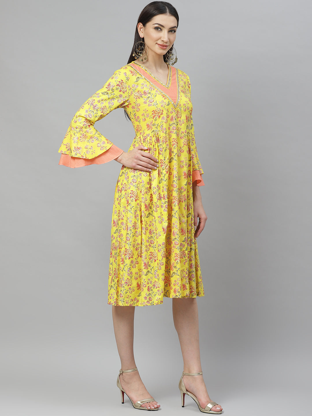 Myshka Women's Yellow Cotton Printed  3/4 Sleeve V Neck Casual Dress