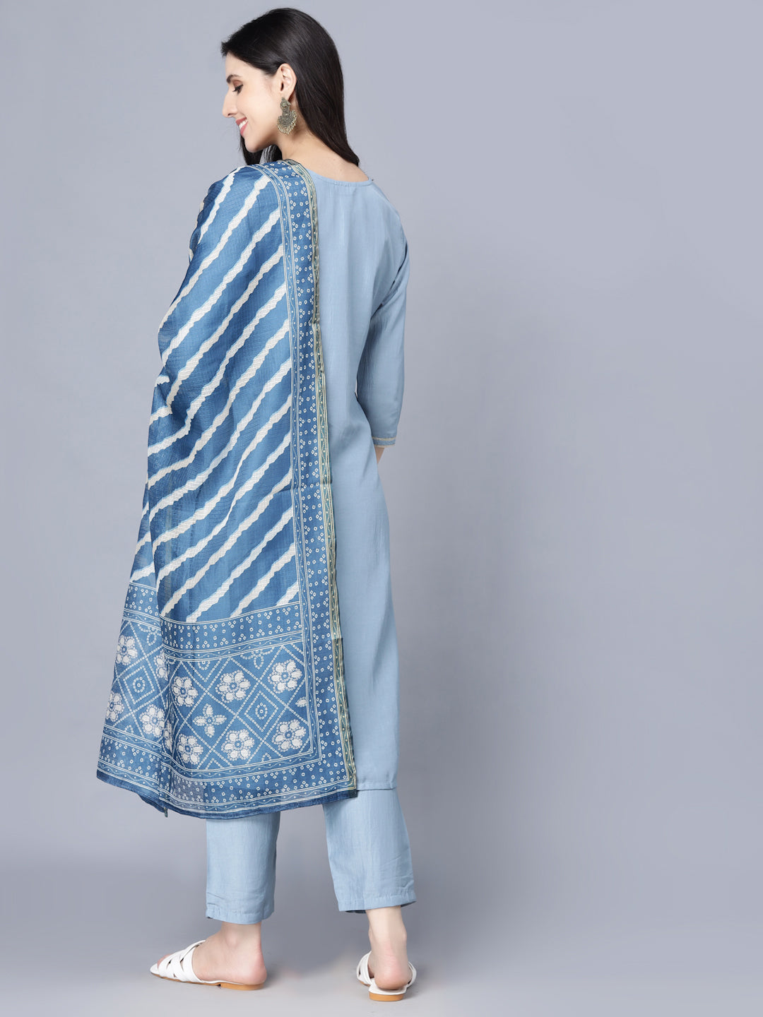 Myshka Women Blue Ethnic Motifs Panelled Kurta with Trousers With Dupatta