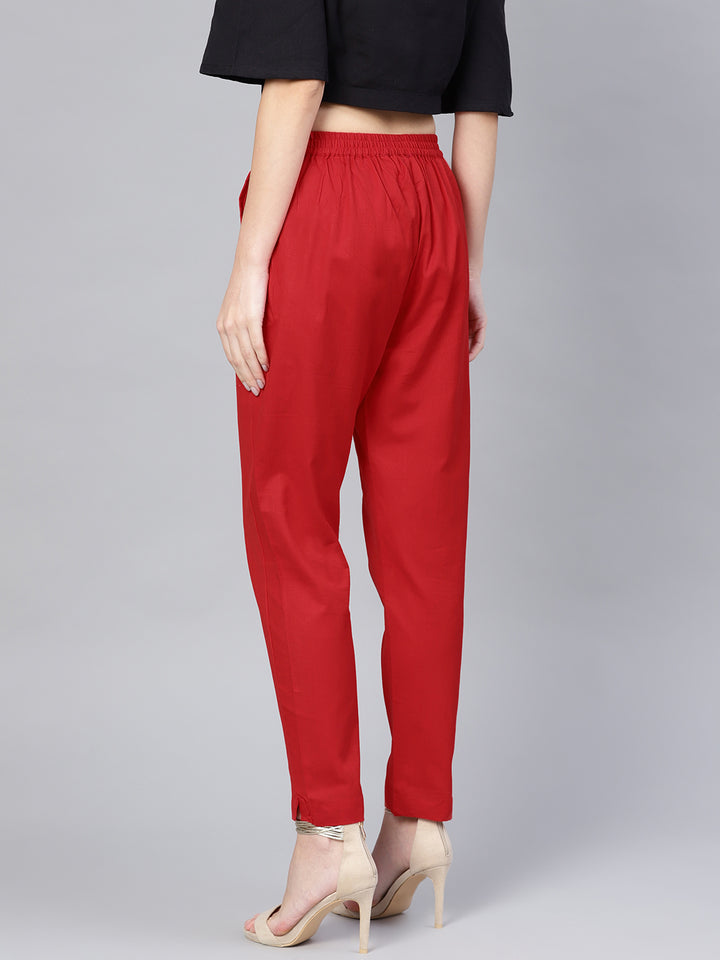 Myshka Women's Red Cotton Solid Trouser