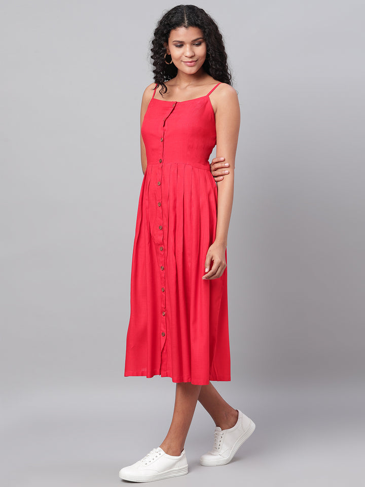 Myshka Women's Red Printed Sleeveless Cotton Slub Streps Neck Casual Dress