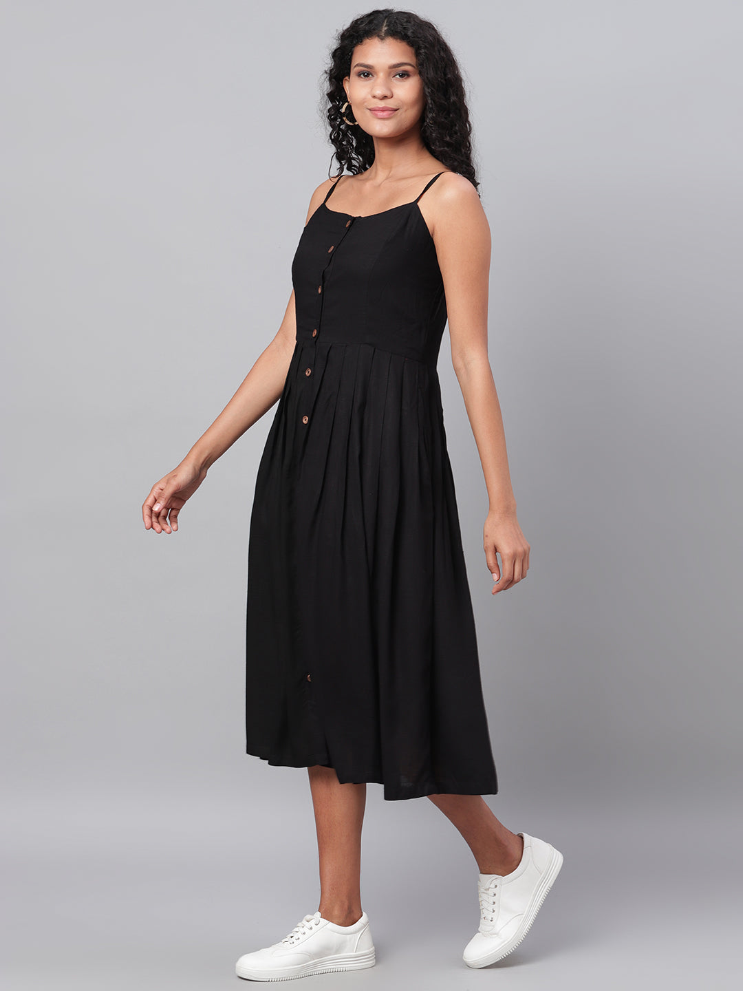 Myshka Women's Black Solid Sleeveless Cotton Streps Neck Casual Dress