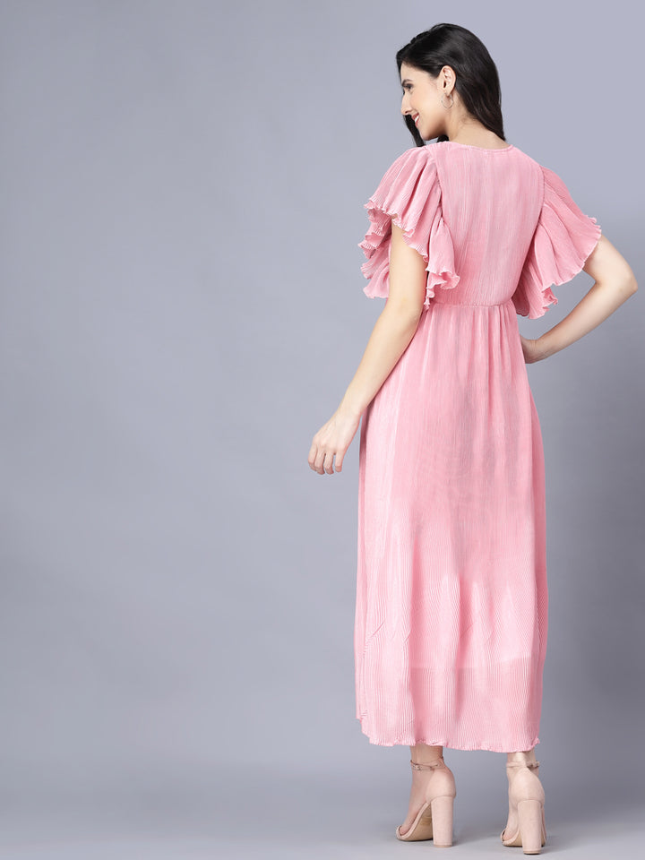 Myshka Chiffon Solid Short Sleeve Round Pink Women Dress