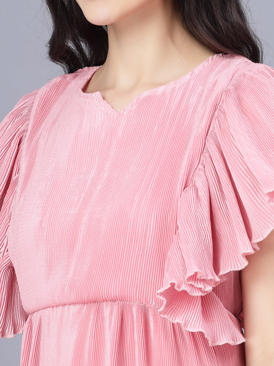 Myshka Chiffon Solid Short Sleeve Round Pink Women Dress