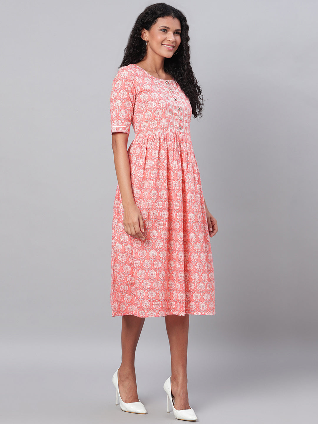 Myshka Women's Pink Printed 3/4 Sleeve Cotton Round Neck  Dress