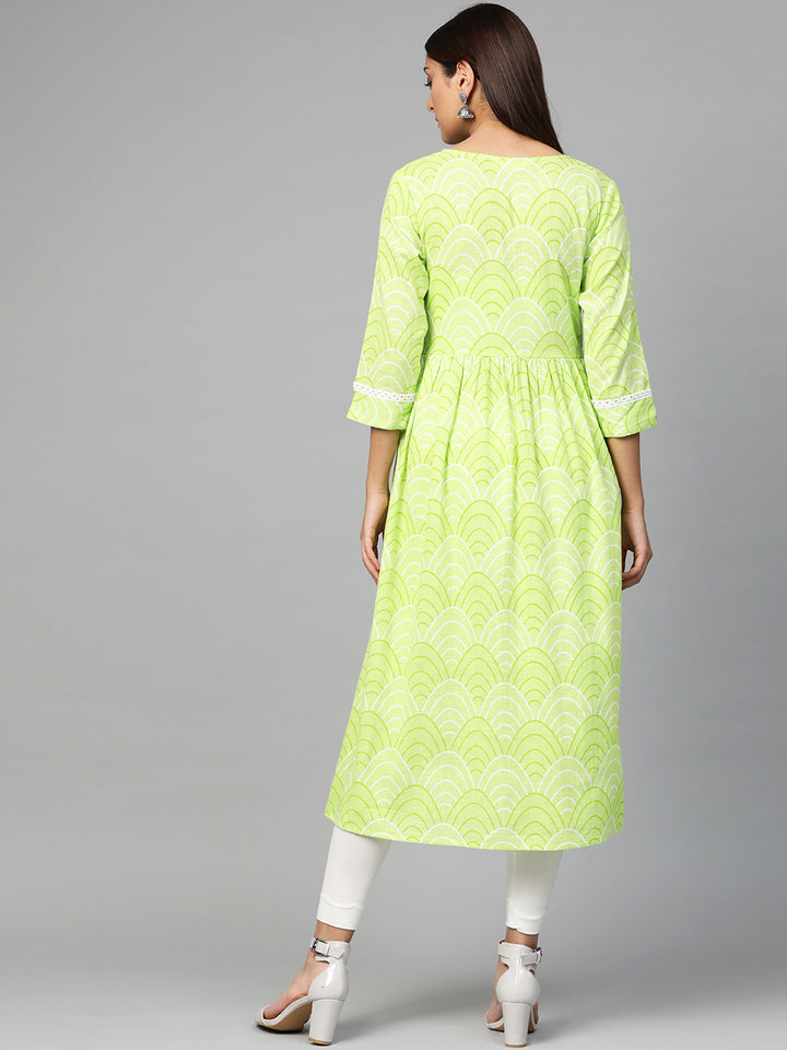 Myshka Women's Green Cotton Slub Printed 3/4 Sleeve Round Neck Casual Dress