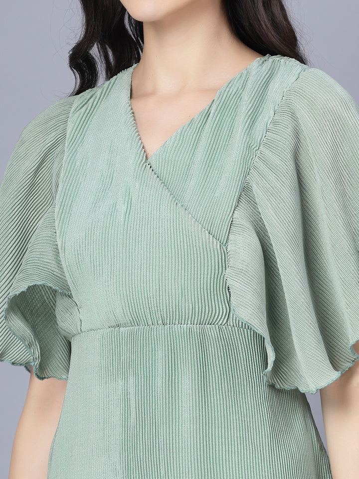 Myshka Chiffon Solid Short Sleeve V Neck Green Women Dress